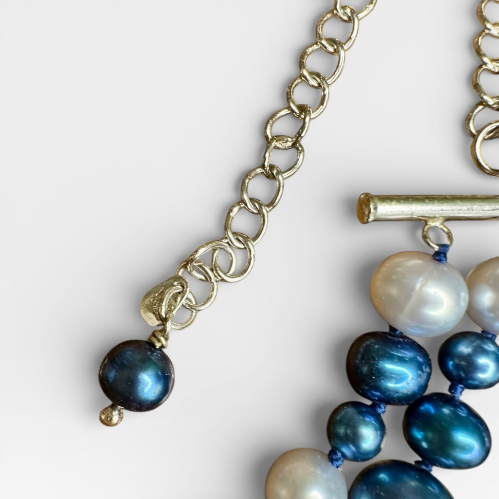 LUCAS LAMETH Sterling Triple-Strand Faceted Sodalite & Cultured Pearl Necklace - Picture 10 of 12